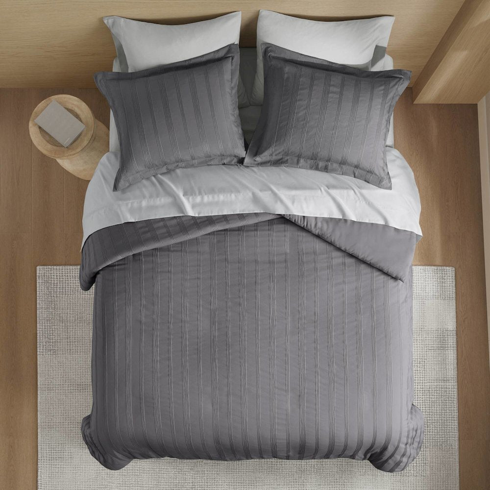 Logan Woven Striped Duvet Set, Charcoal color
