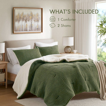 Riordan Waffle Knit Chenille Comforter Set, Olive color