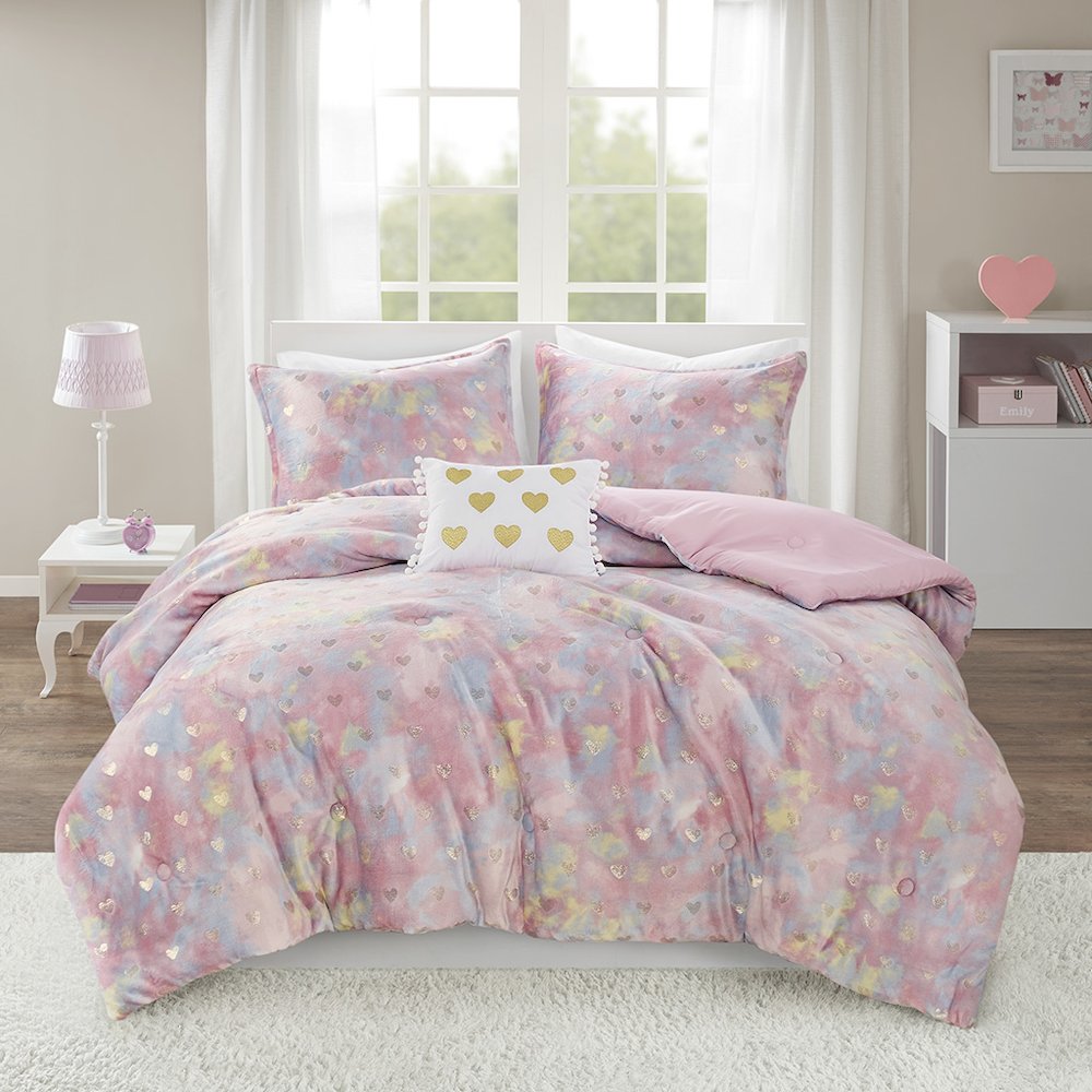 Metallic Printed Plush Comforter Set with Throw Pillow in Pink Multi/Gold Color