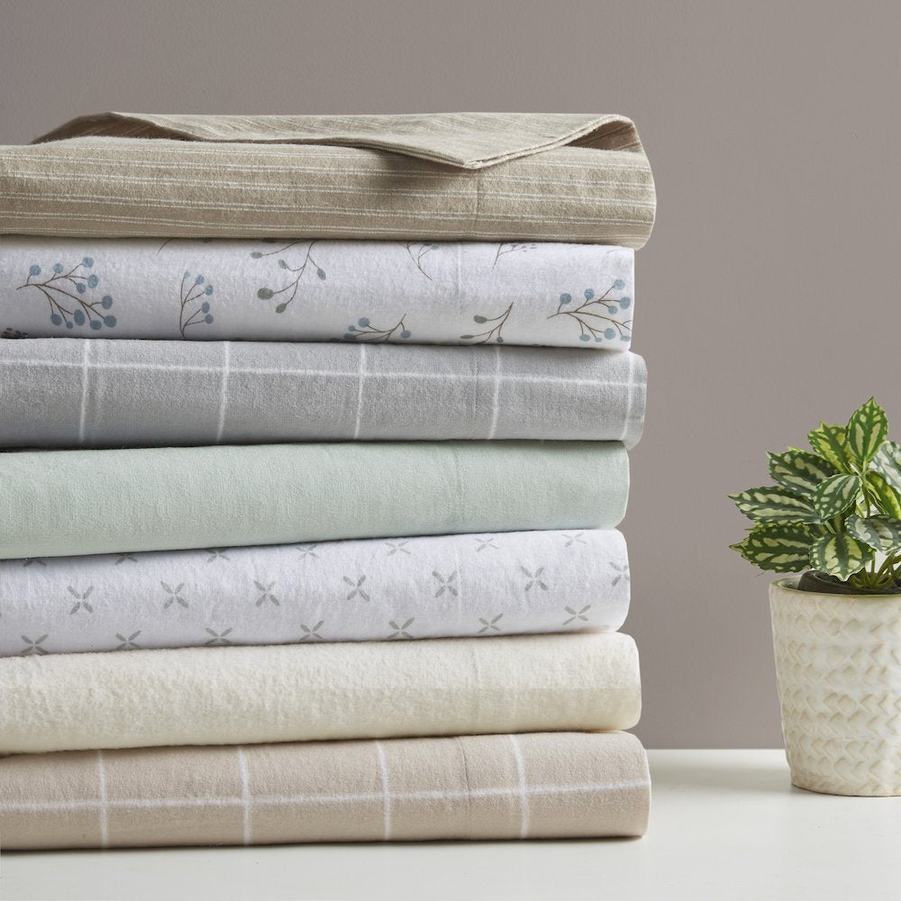 Cozy Flannel 100% Cotton Flannel Printed Sheet Set, Grey Windowpane color