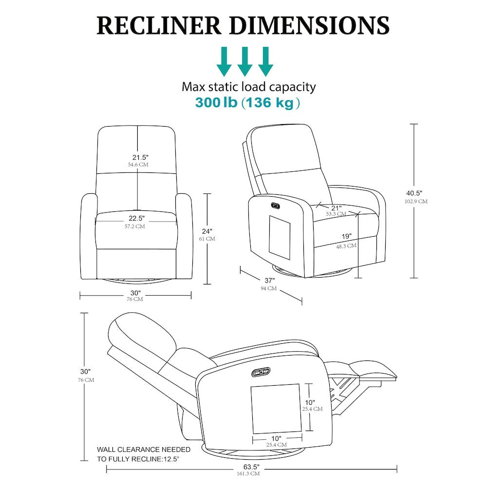 Dakota Power Recliner 3-in-1 with Swivel, Glider, Charging Station