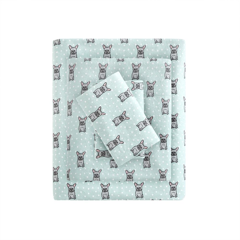 Cozy Flannel Printed Sheet Set, Aqua French Bulldog color