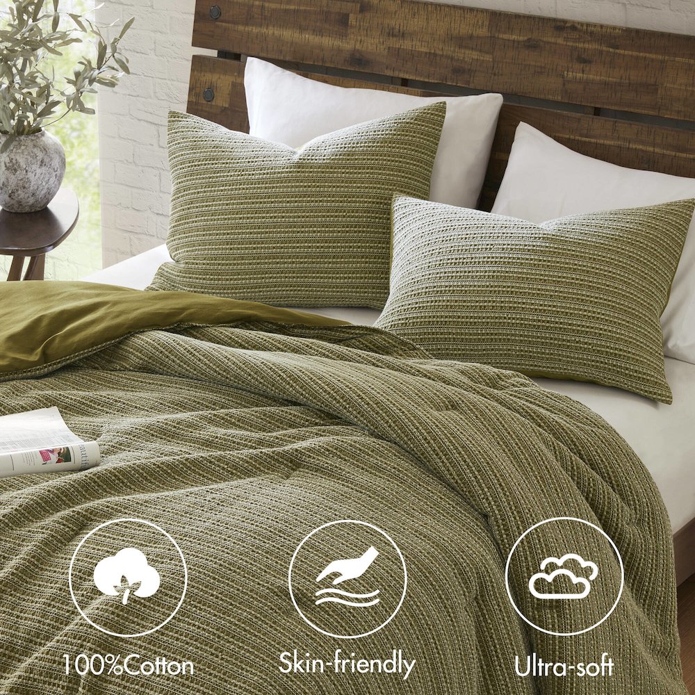 Lyon Waffle Washed Comforter Set, Green color