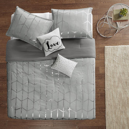 Raina Metallic Printed Comforter Set, Grey/Silver color