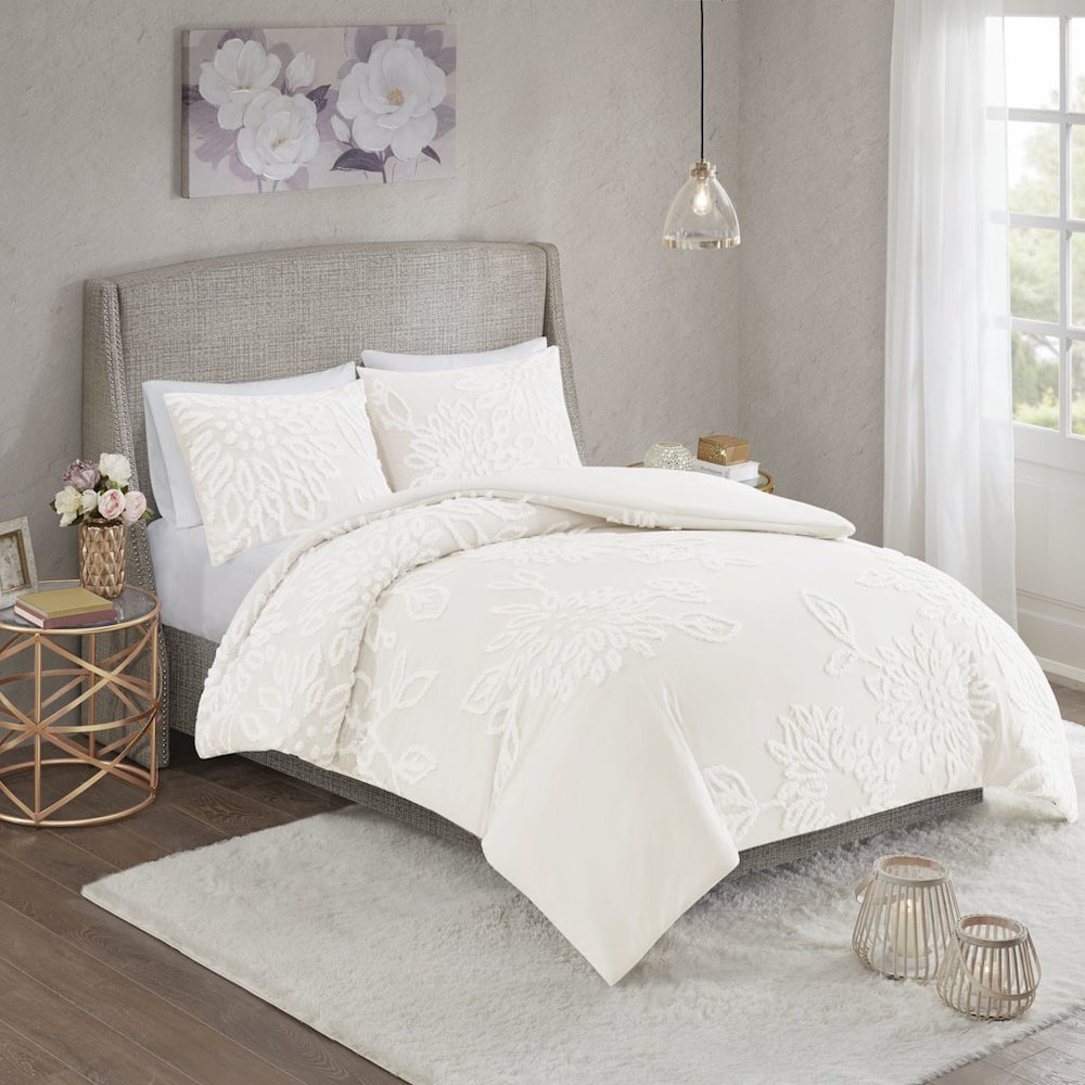 3 Piece Tufted Cotton Chenille Floral Duvet Cover Set