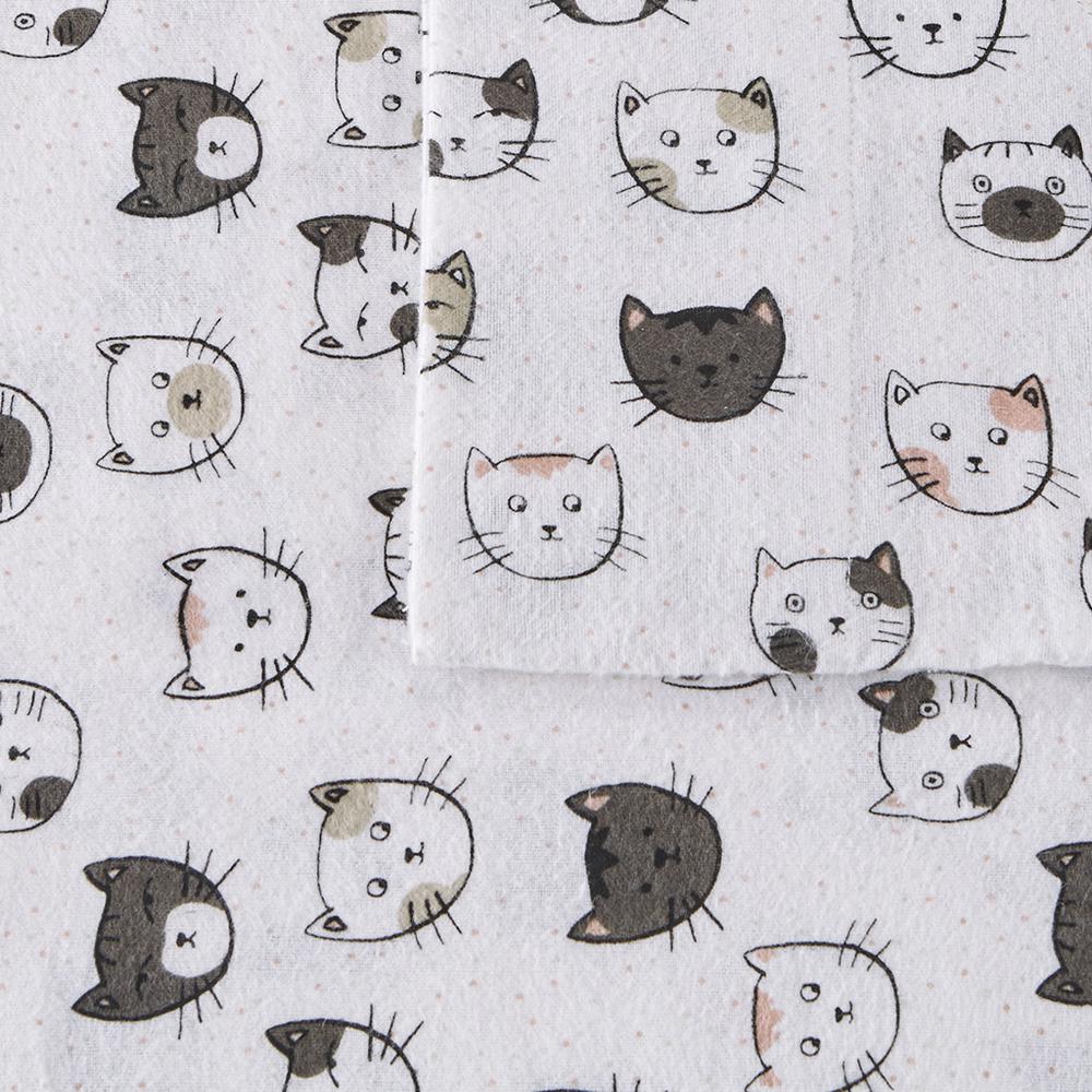 Cozy Soft Cotton Flannel Printed Sheet Set, Grey/Pink Cats color