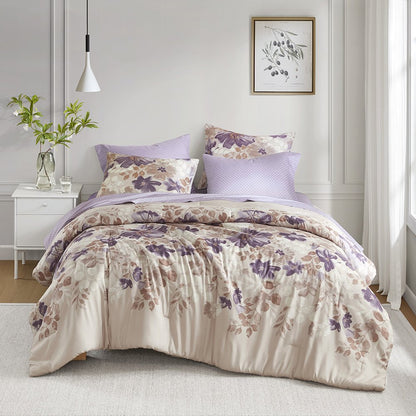Luna Floral Comforter Set with Bed Sheets, Taupe color