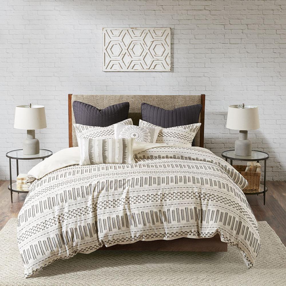 Rhea Cotton Jacquard Duvet Cover Mini Set, Ivory/Charcoal color