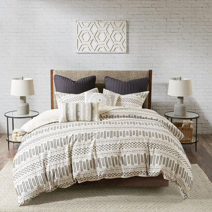 Rhea Cotton Jacquard Duvet Cover Mini Set, Ivory/Charcoal color