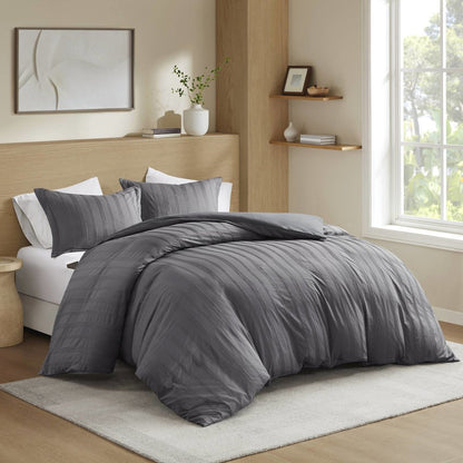 Logan Woven Striped Duvet Set, Charcoal color