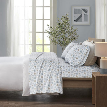 Cozy Flannel Printed Sheet Set, Tan/Blue Snowflakes color