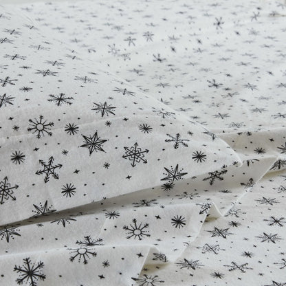 Oversized Cotton Flannel 4 Piece Sheet Set in Black Snowflakes