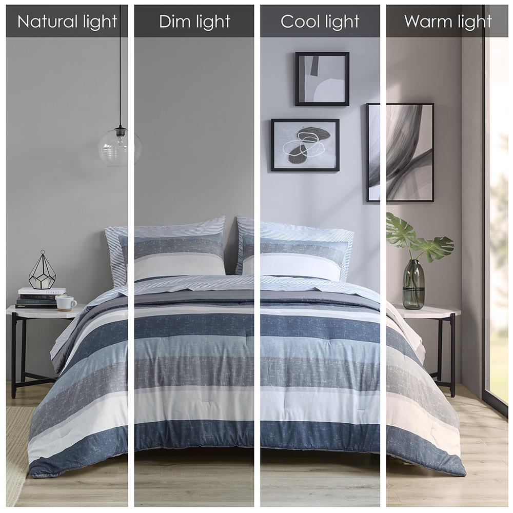 Jaxon Stripe Comforter Set with Bed Sheets, Blue/Grey color