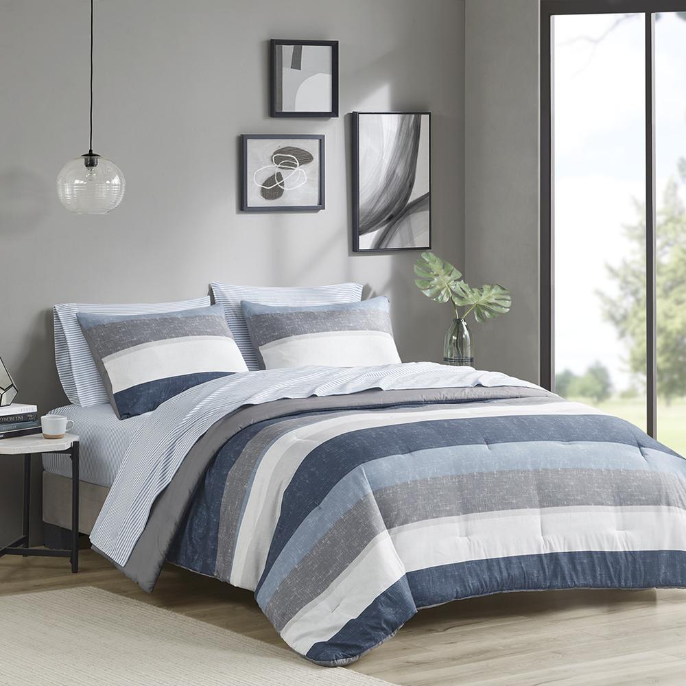 Jaxon Stripe Comforter Set with Bed Sheets, Blue/Grey color