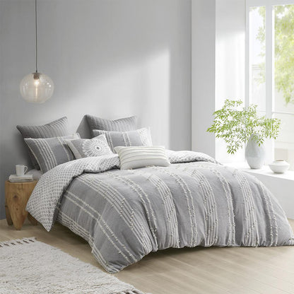 Kara 3 Piece Cotton Jacquard Duvet Cover Set, Gray color