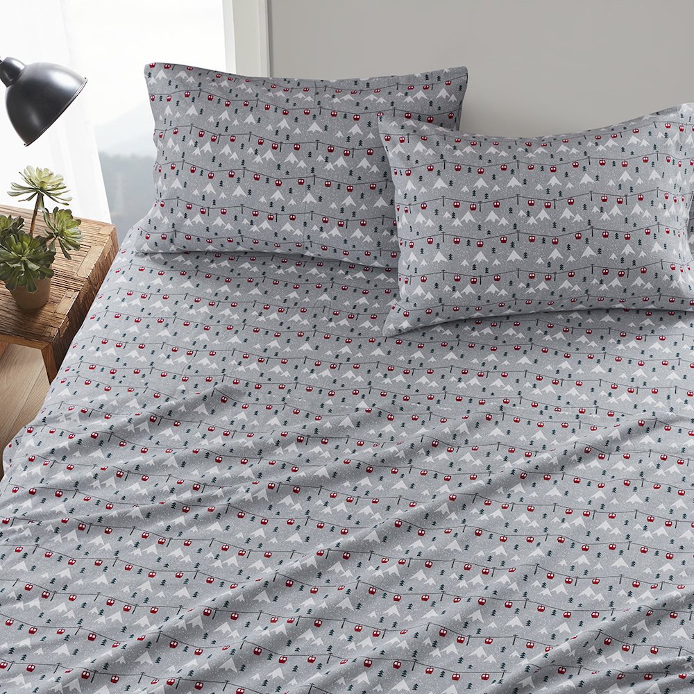 Cotton Flannel Sheet Set in Grey Ski Jump