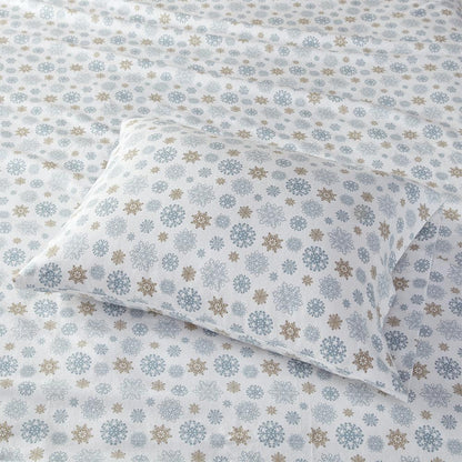 Cozy Flannel Printed Sheet Set, Tan/Blue Snowflakes color