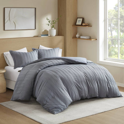 Logan Woven Striped Duvet Set, Blue/Grey color