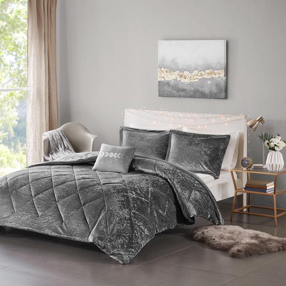 Felicia Velvet Comforter Set with Throw Pillow, Grey color