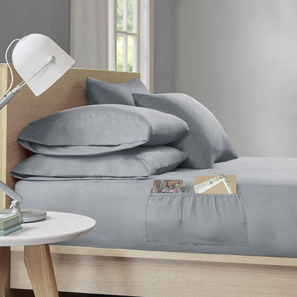 Microfiber Sheet Set with Side Storage Pockets, Grey color