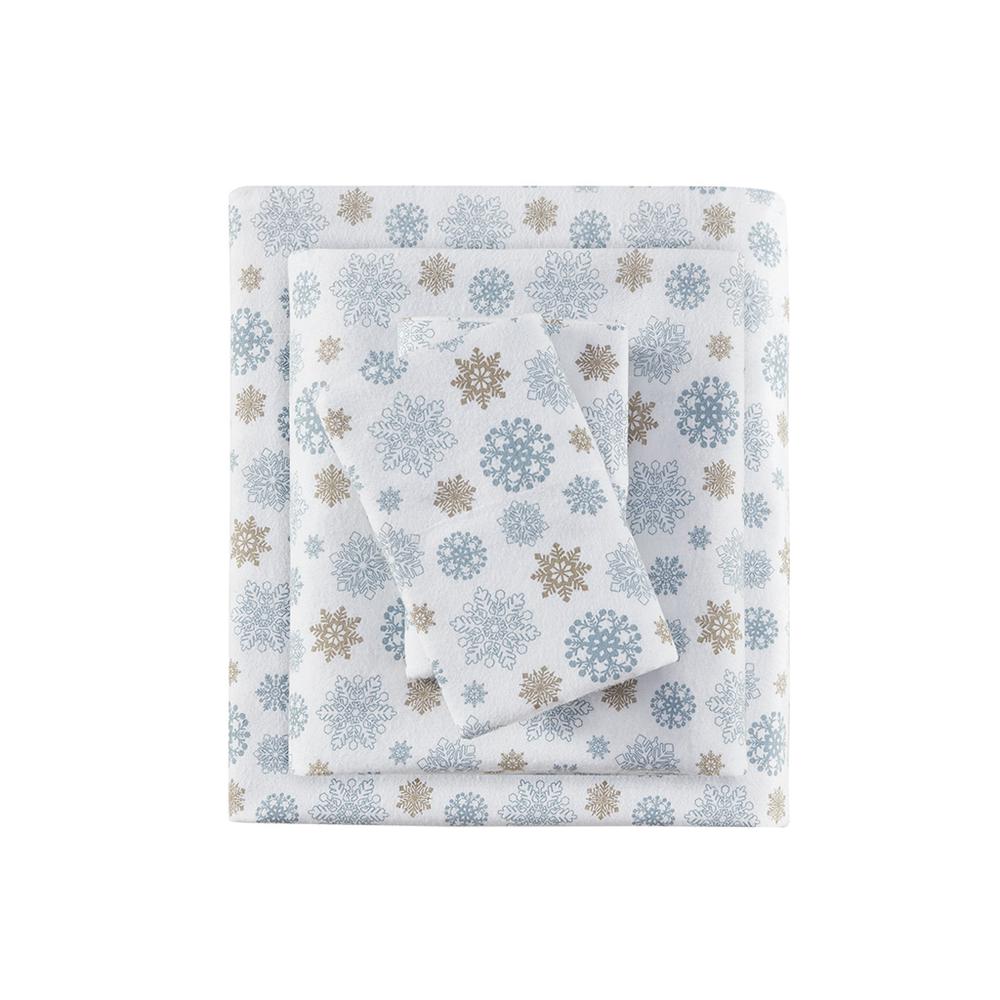 Cozy Flannel Printed Sheet Set, Tan/Blue Snowflakes color