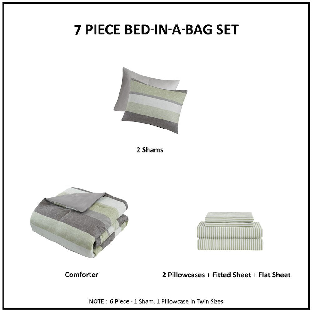 Jaxon Stripe Comforter Set with Bed Sheets, Green/Grey color