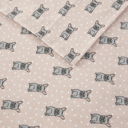 Cozy Flannel Printed Sheet Set, Pink French Bulldog color