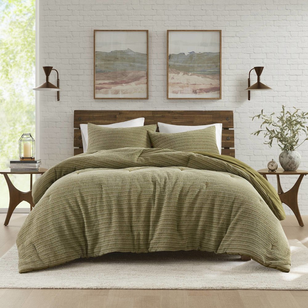 Lyon Waffle Washed Comforter Set, Green color
