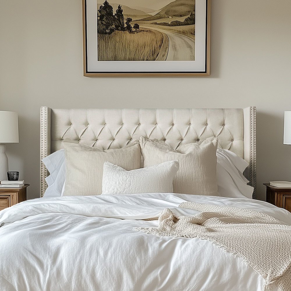 Amelia Upholstered Wingback Headboard with Button Tufting & Nailhead Trim