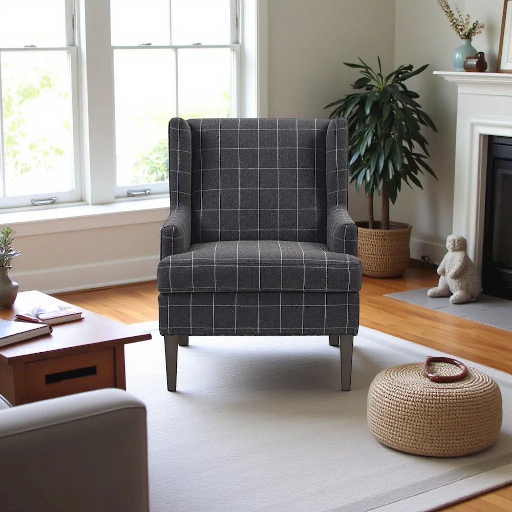 Elegant Gray & White Windowpane Accent Chair with Upholstered Seat – Ideal for Any Room