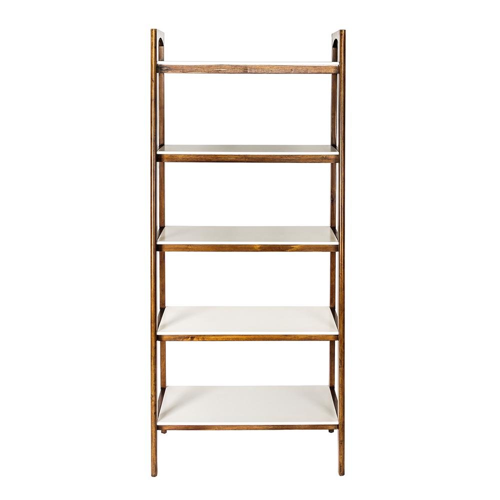 Ladder 5 Tier Open Bookcase with Wood Frame and White Top for Small Spaces