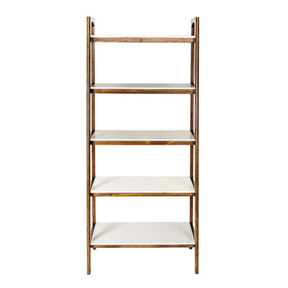 Ladder 5 Tier Open Bookcase with Wood Frame and White Top for Small Spaces