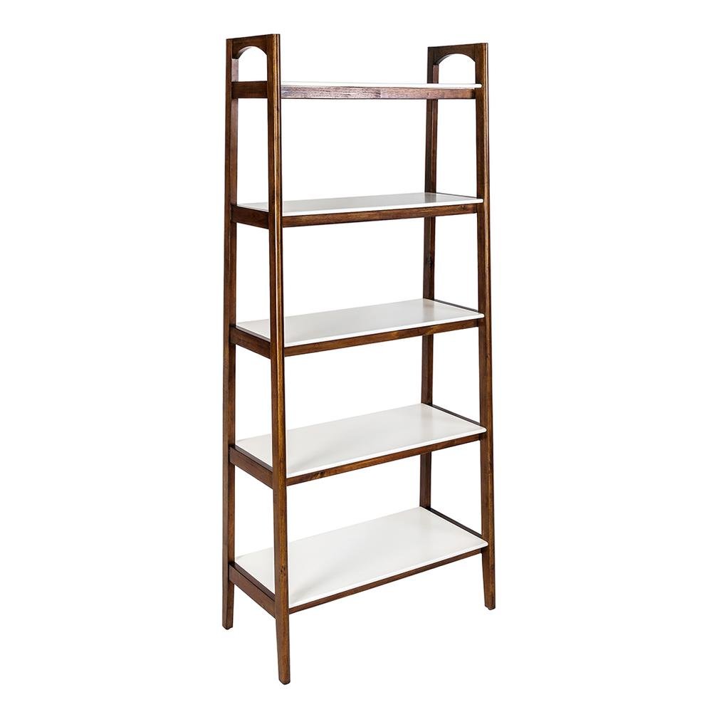 Ladder 5 Tier Open Bookcase with Wood Frame and White Top for Small Spaces