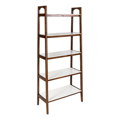 Ladder 5 Tier Open Bookcase with Wood Frame and White Top for Small Spaces
