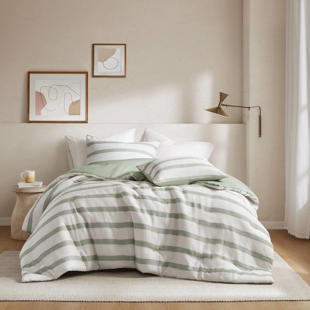 Merritt Yarn-dyed striped comforter, Sage Green color
