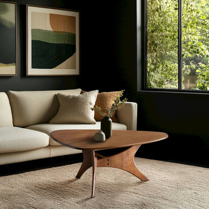 Blaze Organic Triangular Wood Coffee Table with Sculptural Base