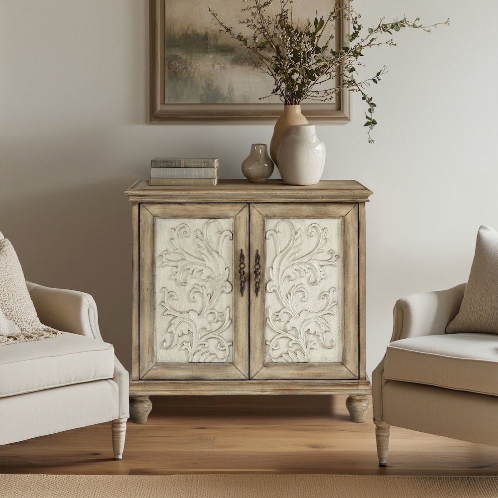 Driscoll 2-door carved wood storage cabinet