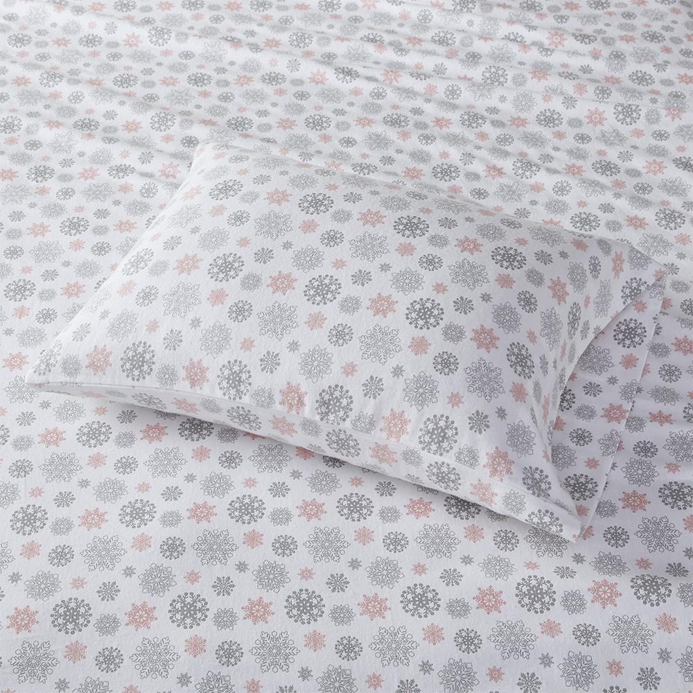 Cozy Flannel Printed Sheet Set, Pink/Grey Snowflakes color