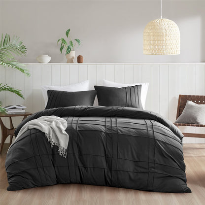 Porter Soft Washed Pleated Duvet Cover Set, Black color