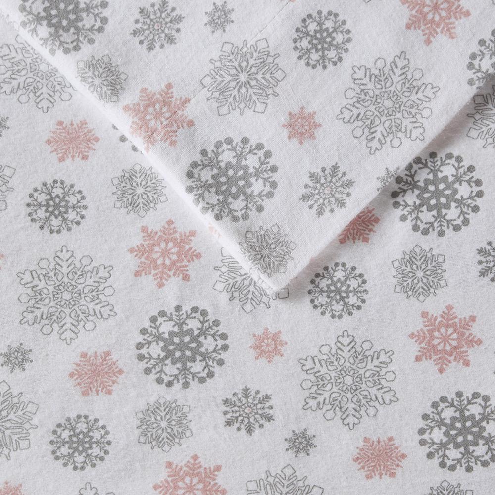 Cozy Flannel Printed Sheet Set, Pink/Grey Snowflakes color