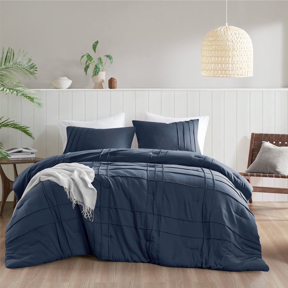 Porter Soft Washed Pleated Comforter Set, Navy color
