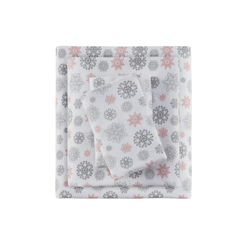 Cozy Flannel Printed Sheet Set, Pink/Grey Snowflakes color