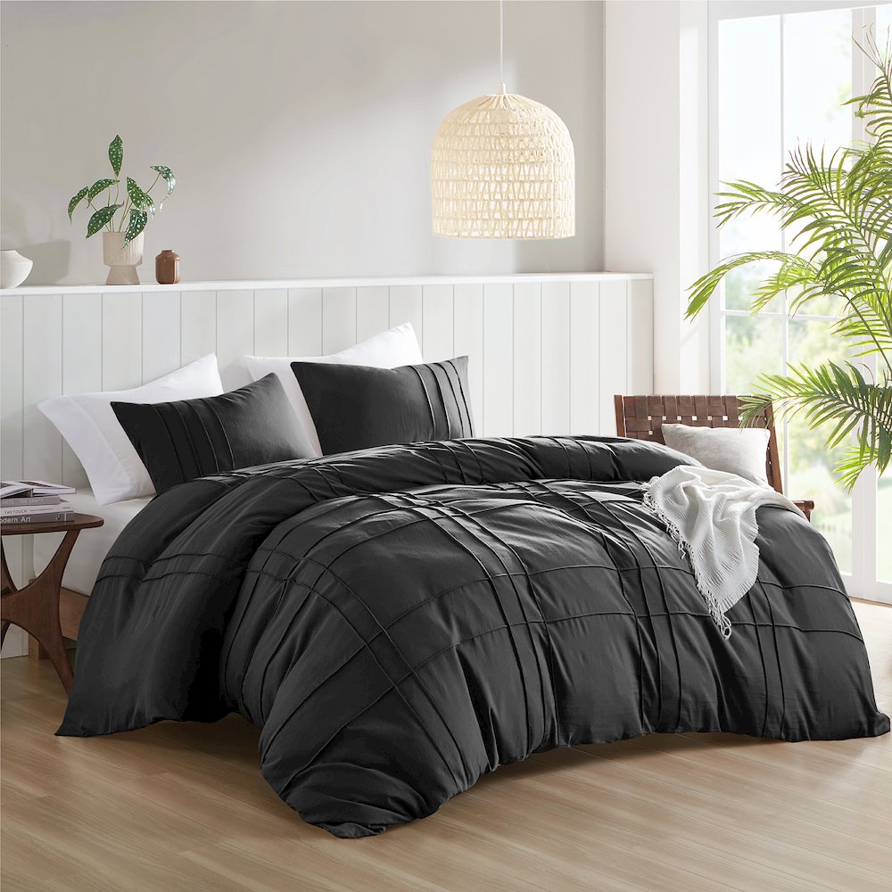 Porter Soft Washed Pleated Duvet Cover Set, Black color