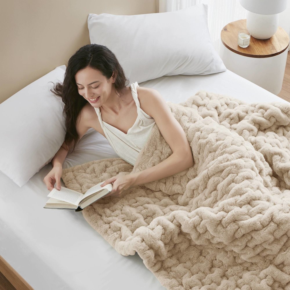 Ruched Fur Throw, Tan color