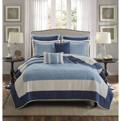 7 Piece Quilt Set with Euro Shams and Throw Pillows