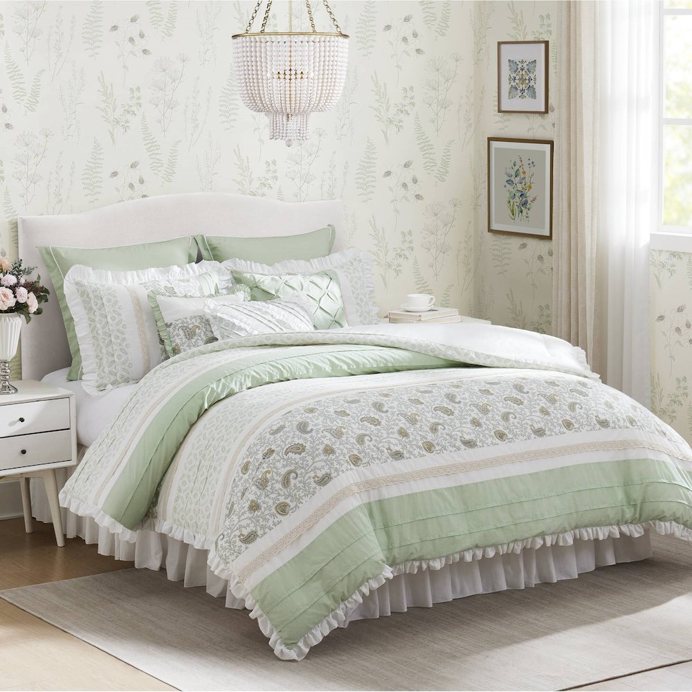 Dawn 9 Piece Cotton Percale Comforter Set, Sage Green color