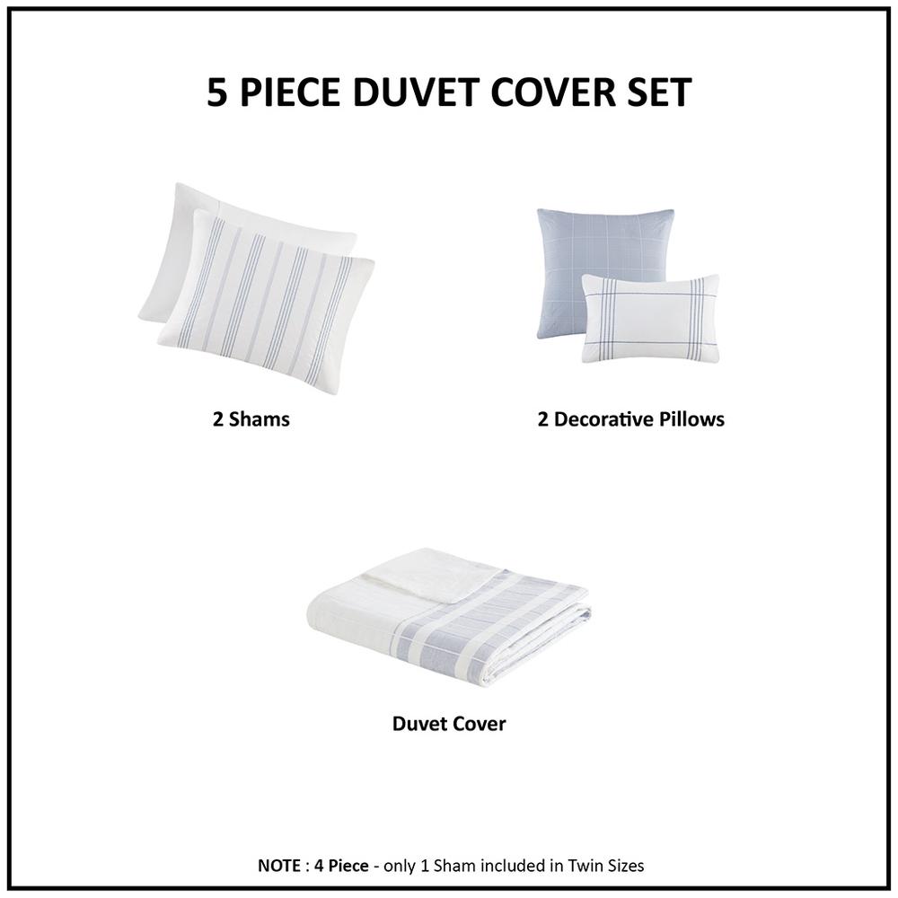 Morgan 5 Piece Cotton Jaquard Duvet Set, White/Blue color