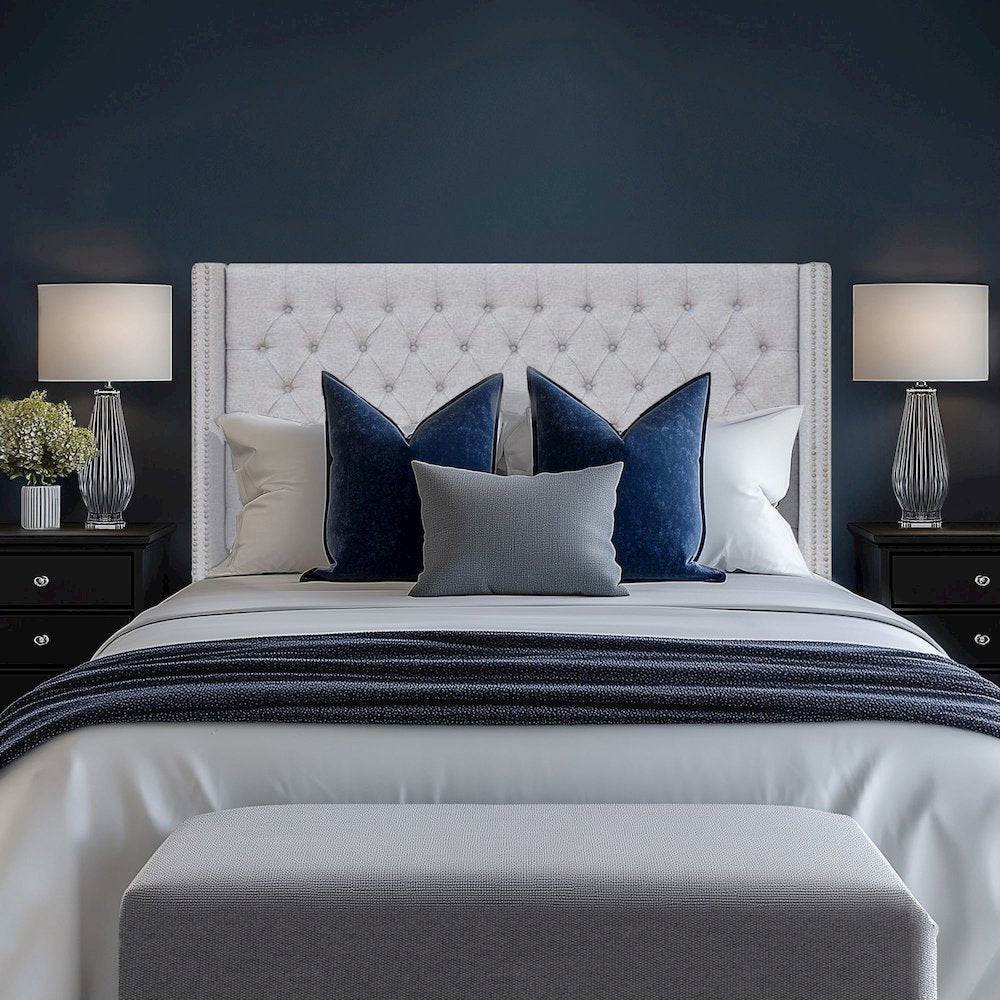 Amelia Upholstered Wingback Headboard with Button Tufting & Nailhead Trim
