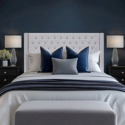 Amelia Upholstered Wingback Headboard with Button Tufting & Nailhead Trim