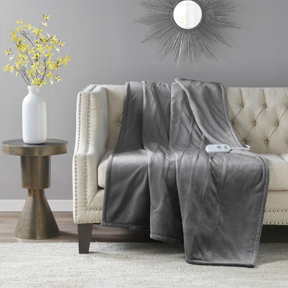 Plush Heated Throw, Dark Grey color